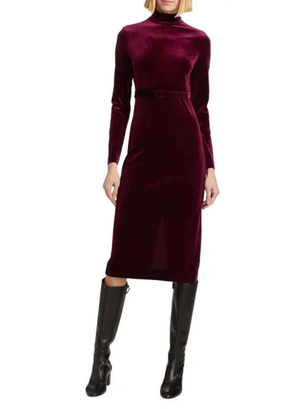 LDT Romy Velvet Belted Midi Dress Cranberry Red Mock Neck Size 2